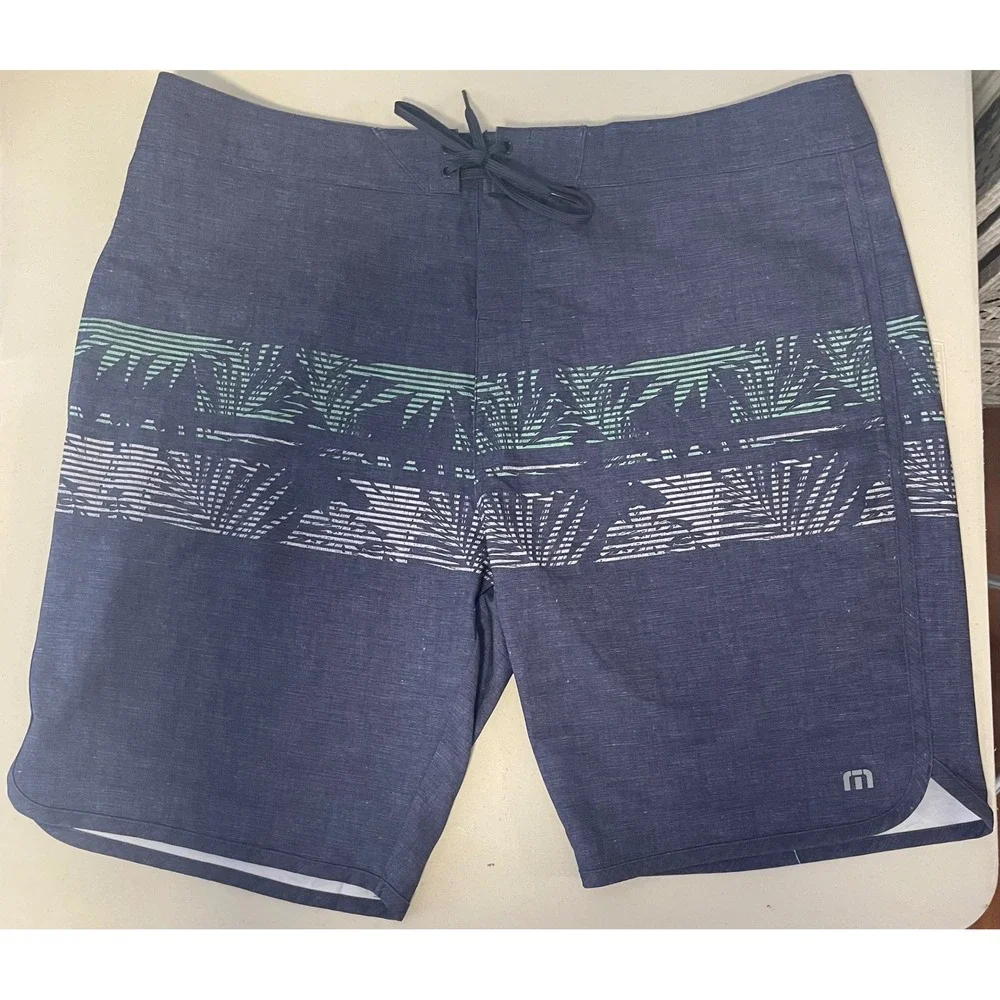 TravisMathew Mens Navy Blue Tropical Palm Print Board Shorts Swim Trunks Size 34